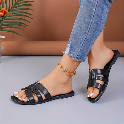 Women's Summer Flat Slides, Solid Color Lightweight Outdoor Shoes, Casual Beach Slide Shoes