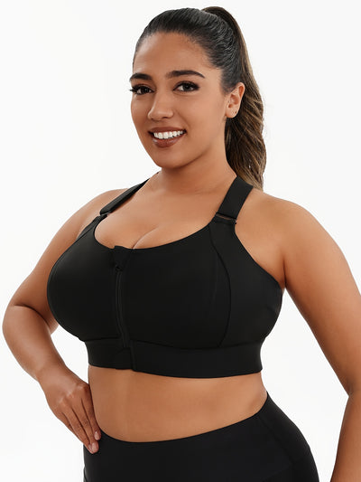 A Women'S Front-Zip Sports Bra, Featuring High Support And Plus Sizes, with Adjustable Straps, Suitable for Yoga, Fitness, And Workouts.
