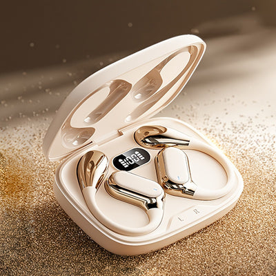 Open Ear Clip Headphones Wireless Non-In-Ear Hanging Sports Headphones for Running, Cycling and Car Use E-Sports Gaming Music Headphones with Long Standby Time Large Capacity Charging Case Smart Digital Display