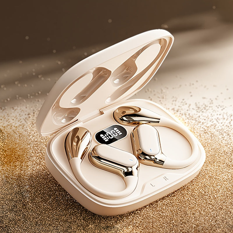 Open Ear Clip Headphones Wireless Non-In-Ear Hanging Sports Headphones for Running, Cycling and Car Use E-Sports Gaming Music Headphones with Long Standby Time Large Capacity Charging Case Smart Digital Display