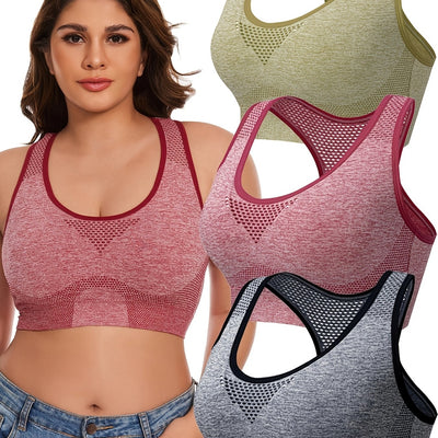3pcs Plus Size Sports Bras, Polyamide Blend, Hollow Mesh Design, Low Support, Removable Padding, Crew Neck, Medium Stretch, Knit Fabric, with Casual Wear for Women'S Activewear