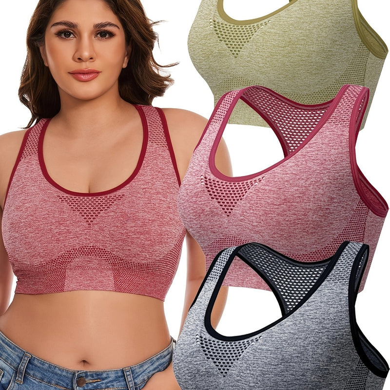 3pcs Plus Size Sports Bras, Polyamide Blend, Hollow Mesh Design, Low Support, Removable Padding, Crew Neck, Medium Stretch, Knit Fabric, with Casual Wear for Women&