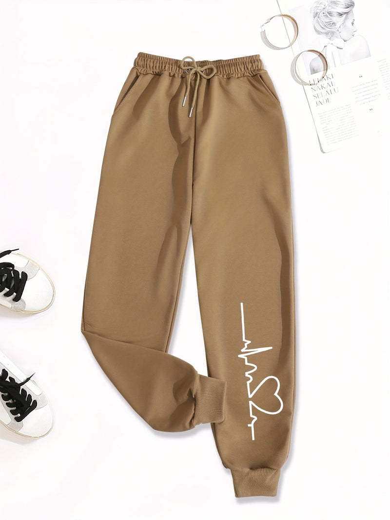 بنطلون رياضي مرن مطبوع عليه قلب للنساء، بنطلون رياضي عالي الخصر برباط، بنطلون كاجوال يومي، ملابس نسائية