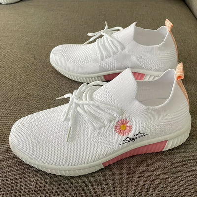 Women's Flower Pattern Sneakers, Breathable Flying Woven Outdoor Shoes, Lightweight Low Top Running Shoes