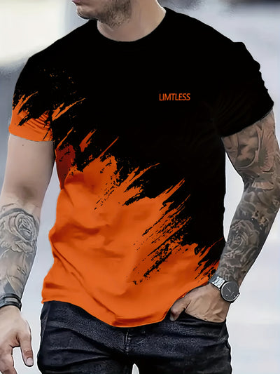 Men's Casual 3D Digital Print Short Sleeve T-Shirt - Black with Red & Gray Brush Stroke Design, Breathable Summer Tee, Regular Fit, Machine Washable, Casual Attire, Modern Textile Technology