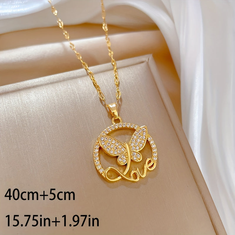Stainless Steel Butterfly Love Letter Pendant Necklace with Cubic Zirconia, Trendy Clavicle Chain Jewelry Gift for Women and Girls