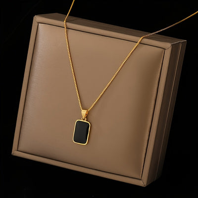 An elegant 18k Golden-plated stainless steel rectangular black pendant necklace, perfect for daily wear and vacation accessories, an ideal Valentine's Day gift for women