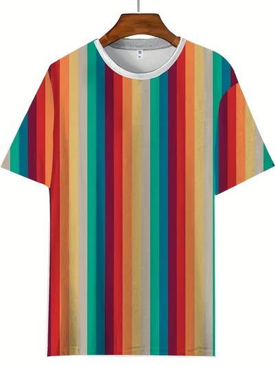 1pc Men'S Casual Crew Neck T-Shirt, Geometric Striped Print, Breathable Polyester Knit Fabric, Short Sleeve Sports Tee for Spring/Summer, Street Fashion Style