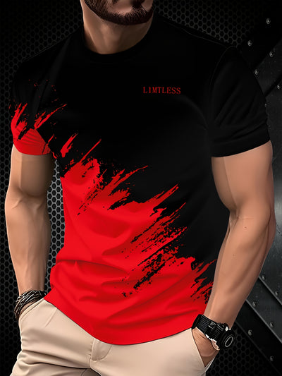 Men's Casual 3D Digital Print Short Sleeve T-Shirt - Black with Red & Gray Brush Stroke Design, Breathable Summer Tee, Regular Fit, Machine Washable, Casual Attire, Modern Textile Technology