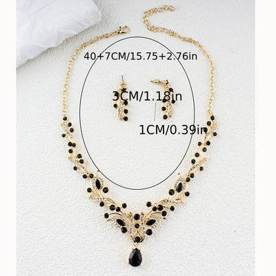 3pcs Women's Golden Jewelry Set with Black Rhinestone Flower Necklace and Earrings - Perfect Gift for Lovers, Weddings, Parties, Christmas, Family Gatherings