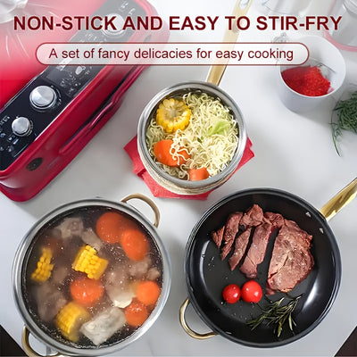 18pcs Pink Stainless Steel Cookware Set with Non-Stick Pans & Lids - Induction Compatible, Stackable Space-Saving Design, Golden-Toned Black Lids & Black Utensil-Friendly Sides, Heat-Resistant Durable 410 Stainless Steel Cons