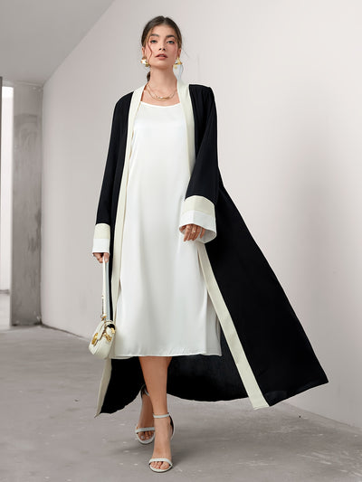 Cozy Comfort, Elegant Black and Cream Long Robe with Ruffle Sleeves - Polyester, Machine Washable, Casual Style for Women - Perfect for Spring/Summer/Fall