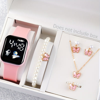 Girls' Cute Airplane Astronaut Digital with Glow-in-the-Dark Hands & Bow Tie Jewelry Set - Silicone Strap, Square Case, Non-Waterproof, Battery-Powered, Perfect For Spring Festival, Campus Events, And Casual Wear, Playful Des