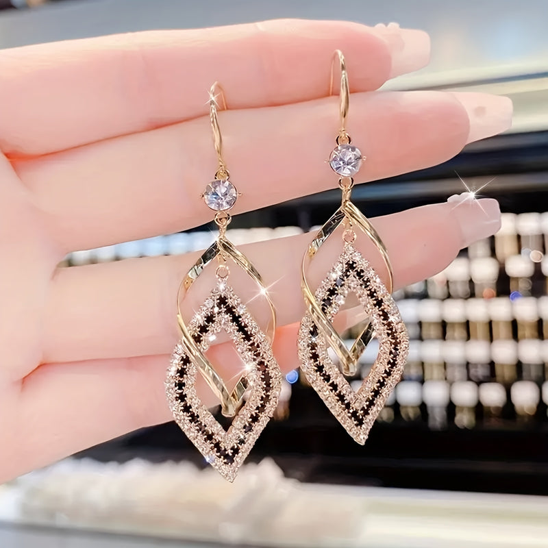 A Pair of Stylish And Exquisite Double-Layer Hollow Diamond-Shaped Sparkling Synthetic Zirconia Drop Earrings, Featuring a Sexy And Elegant Style, Made of Alloy, Suitable for Women&