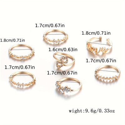 7pcs Creative Fashion Romantic Love Letter LOVER Stackable Ring Set for Girls, Versatile Everyday Date Gift Index Finger Rings