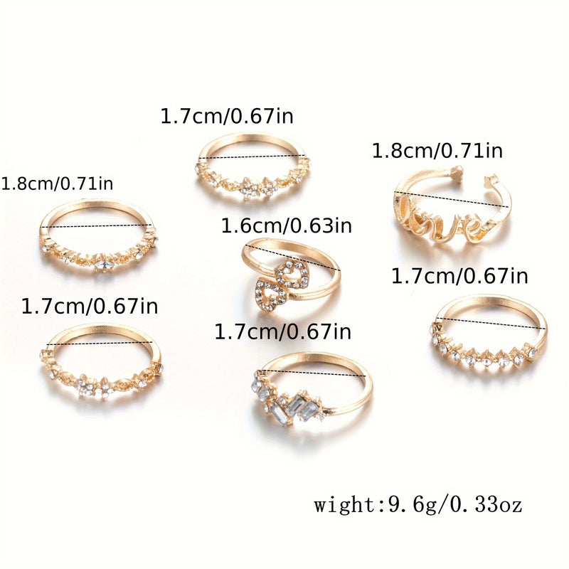 7pcs Creative Fashion Romantic Love Letter LOVER Stackable Ring Set for Girls, Versatile Everyday Date Gift Index Finger Rings