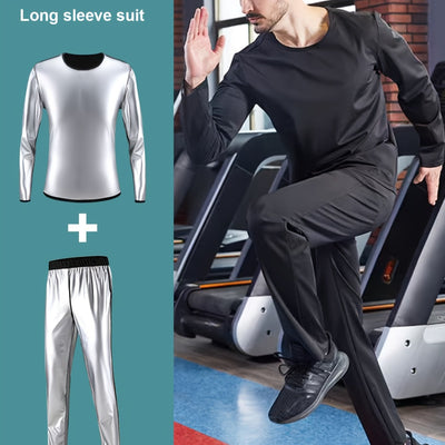 2pcs Men's sauna sports suit, including 1pc of plain sauna sports pants, elastic waist, casual sports trousers, medium elastic straight trousers and 1pc of round neck long-sleeved T-shirt, Men's sports top, sweat suit, compre