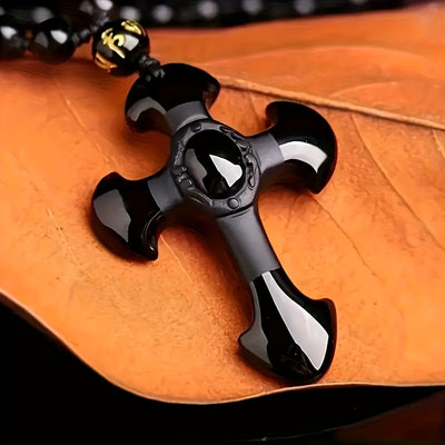 1pc obsidian necklace with a religious cross lucky symbol pendant and paired with a black synthetic Synthetic Gemstone chain, suitable for gifts for men and women.