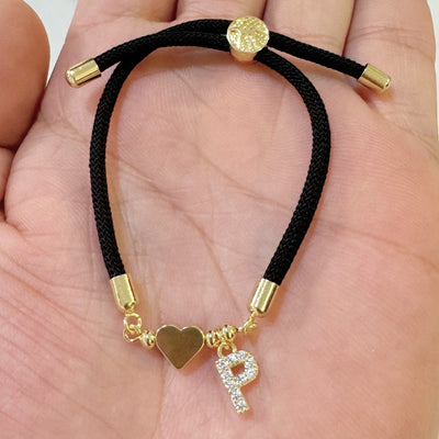 18K Golden Plated Heart Charm Bracelet with Synthetic Zirconia Letter Pendants A-Z, Simple Classic Black Polyester Cord, Adjustable for Daily Wear and Gift-Giving