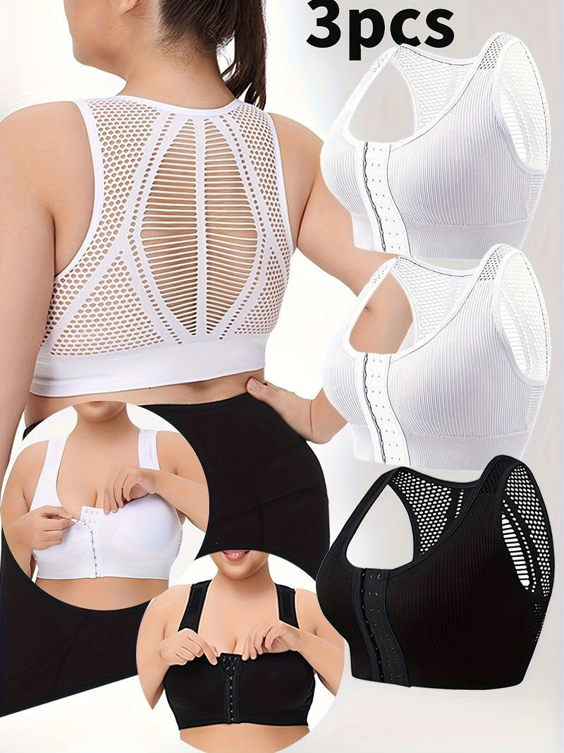 New Cross-Border Plus-Size Sports Bras with Breathable Mesh, Strong Support, Wire-Free, Seamless Design, Available in a Set of Three.