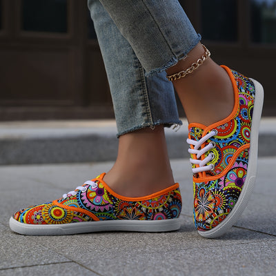 Women's Floral Print Canvas Flats, Round Toe Lace Up Outdoor Shoes, Low Top Casual Sneakers