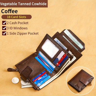 Vintage Men's Top Layer Cowhide Wallet RFID Anti-theft Card Holder Large Capacity 18 Card Slots Zipper Wallet Can Hold Coins Mobile Card Holder Can Hold Driver's License, 2 Large Banknote Slots