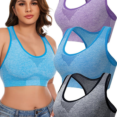 3pcs Plus Size Sports Bras, Polyamide Blend, Hollow Mesh Design, Low Support, Removable Padding, Crew Neck, Medium Stretch, Knit Fabric, with Casual Wear for Women'S Activewear