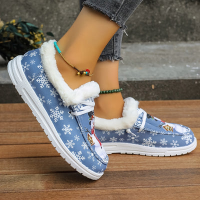 Vibrant Snowman Pattern Canvas Shoes - Lightweight, Low-Top, Plush Lined, Casual Lace-Up Sneakers for Women - Perfect for Outdoor Activities, Christmas Gift Idea, Comfortable and Breathable
