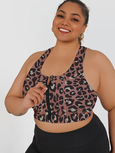 Women's High-Impact Sports Bra with Front Zipper & Removable Pads - Leopard Print Design, High-Elasticity Fabric, Round Neck for Yoga, Running, Gym - Machine Washable, Yoga Accessories, Elegant Sportswear, Durable Sportswear