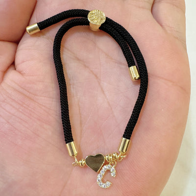 18K Golden Plated Heart Charm Bracelet with Synthetic Zirconia Letter Pendants A-Z, Simple Classic Black Polyester Cord, Adjustable for Daily Wear and Gift-Giving