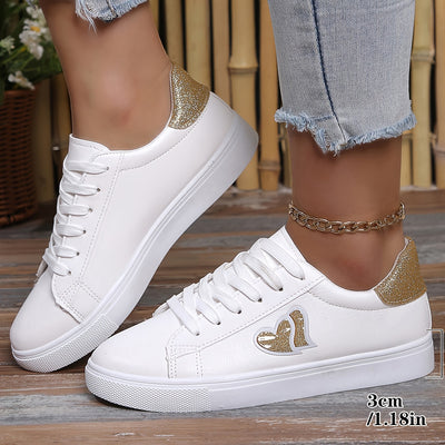 Women's Heart Pattern Sneakers, Casual Lace Up Outdoor Shoes, Comfortable Low Top Shoes