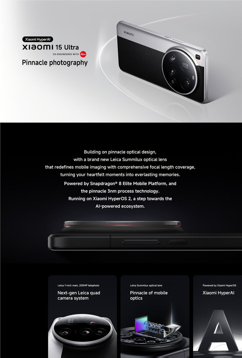 Xiaomi 15 Ultra 5G Smartphone | Snapdragon 8 Elite 3nm, Up to 4.32GHz | 6.73" WQHD+ AMOLED, 3200nits, 120Hz | Leica Quad Camera with 200MP Periscope | 32MP 4K Front | 5410mAh Battery, 90W + 80W Wireless Charging | | 16GB+1TB