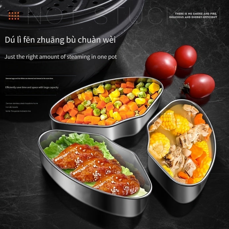 3-Piece Stainless Steel Steamer Insert Set, Fan-Shaped Divided Cooking Pans for Rice, Eggs, and Vegetables, No Electricity Needed, Kitchen Essentials