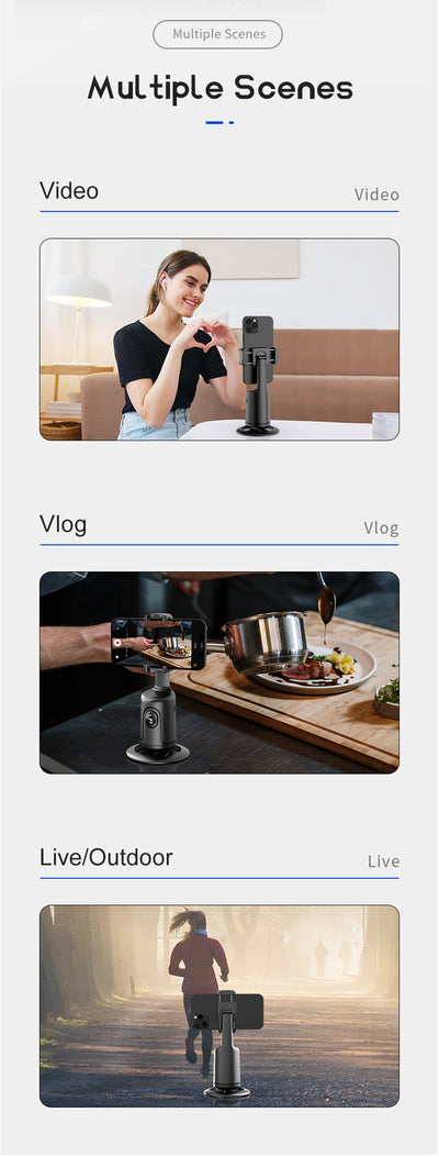 حامل ثلاثي القوائم لتتبع الوجه تلقائيًا، لا يتطلب تطبيقًا، دوران 360 درجة للوجه والجسم وحامل هاتف ذكي لتتبع الهاتف للتصوير الفوتوغرافي والبث المباشر للفيديو، بطارية قابلة لإعادة الشحن، لون أسود