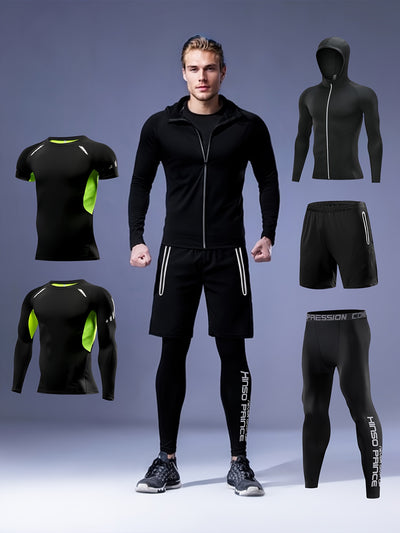 Men'S 5pcs Athletic Apparel Set - Hooded Jacket, Long Sleeve Compression Shirt, Short Sleeve Compression Top, Running Tights, and Shorts - Polyester High Stretch Fabric, Zip Detail, for Training, Hiking, Basketball, Gym - Fou