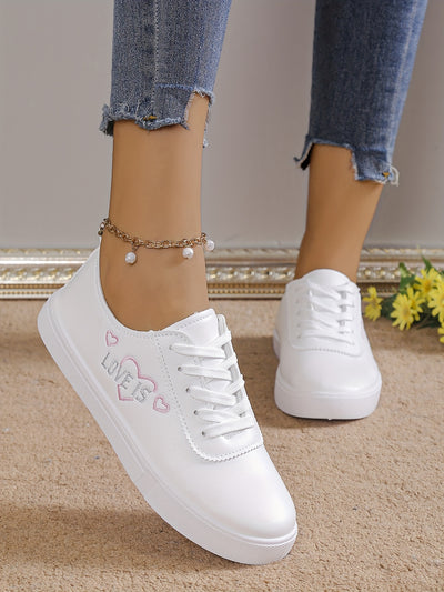 Women's Heart Pattern Sneakers, Casual Lace Up Outdoor Shoes, Comfortable Low Top Faux Leather Shoes