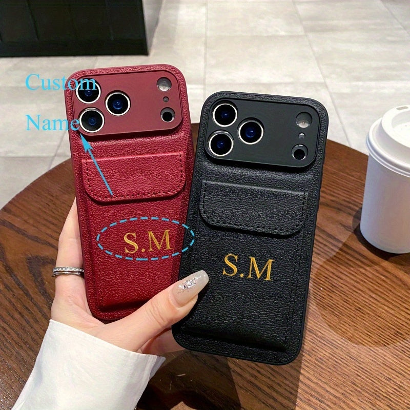 Personalized Customized Letter Faux Leather Card Holder Phone Case for Iphone 17 16 15 14 Plus 13 12 11 Pro Max 17Air Shockproof Lens Protective Cover