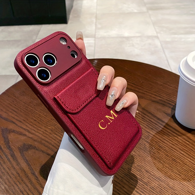 Personalized Customized Letter Faux Leather Card Holder Phone Case for Iphone 17 16 15 14 Plus 13 12 11 Pro Max 17Air Shockproof Lens Protective Cover