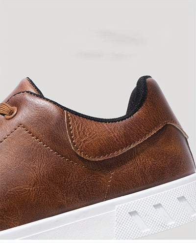 Men's Solid Lace-up Skateboard Shoes With PU Leather Uppers, Fashion Comfortable Non-slip Outdoor Shoes Walking Jogging Sneakers