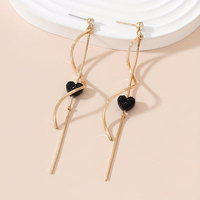 Spiral Lines Black Heart Design Dangle Earrings Elegant Cute Style 18K Gold Plated Jewelry Valentine's Day Gift