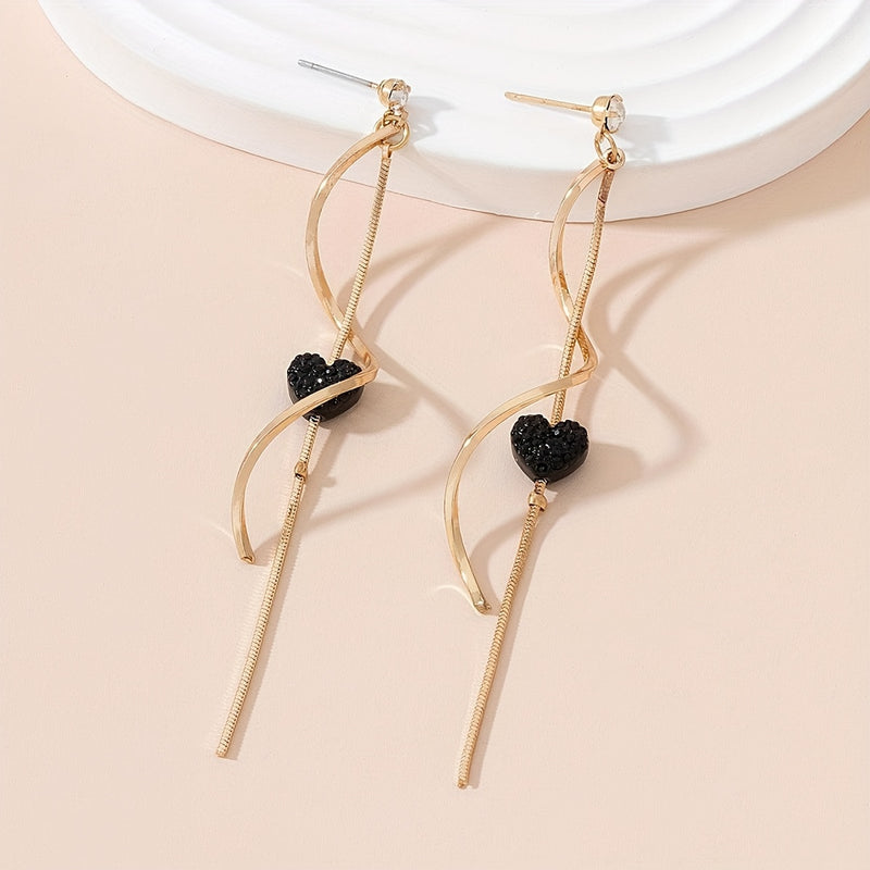 Spiral Lines Black Heart Design Dangle Earrings Elegant Cute Style 18K Gold Plated Jewelry Valentine&