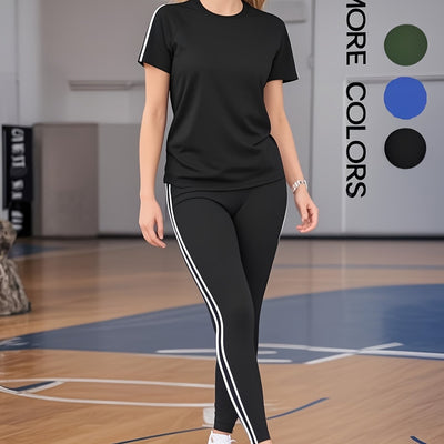 Women'S Casual Fashion Outdoor Sports Set, Double-Sided Striped Round Neck Short Sleeve Long Pants Two-Piece, Women'S Athletic Jogging