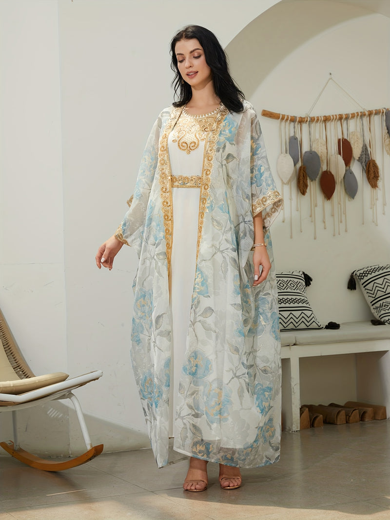 Oriental Traditional Style Sequined Lace Two-Piece Mesh Abaya Dress for Women - Long Robe with Veil