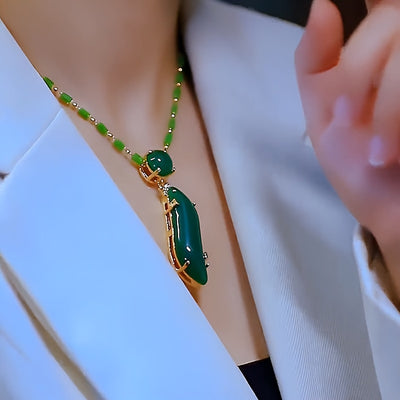 Elegant Green Charm Bamboo Pendant Necklace for Women - Golden-Tone Alloy Chain with Resin Detailing, Fashionable Collarbone Jewelry, Fashion Accessory | Elegant Jewelry | Decorative Beads