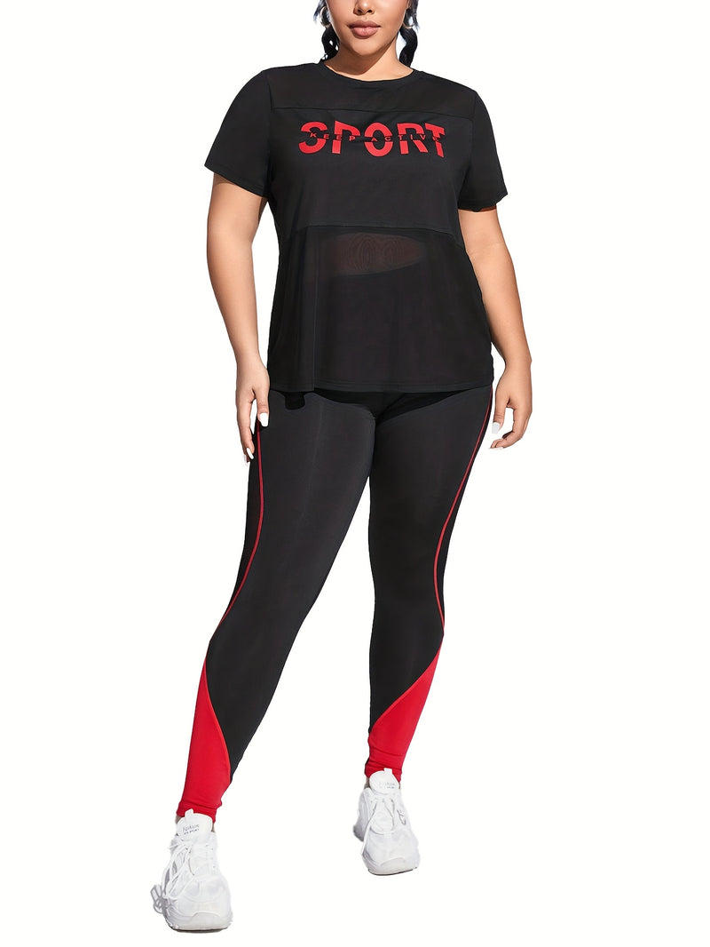 Plus Size Yoga Casual Sports Mesh Patchwork Logo Print Short Sleeve Set, Elegant Style, Crew Neck, High Stretch Fabric, All-Season Wear, with Butt Lifting and Comfortable Soft Compression Fit