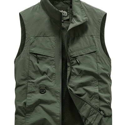 Men'S Navy Blue Sleeveless Vest with Stand Collar, Zippered Front & Side Pockets - Casual, Loose-Fit Outdoor Sports Vest for All Seasons, Polyester Fiber Lining, Perfect for Fall/Winter