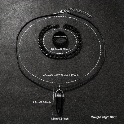 4pcs Men's Luxury Quartz Watch & Accessory Gift Set - Black Modern Polygonal Dial Analog Watch with Black Dial & White Hands, Black Strap, Matching Necklace & Ring - Battery-Powered Quartz Movement, Ideal Christmas/Birthday G