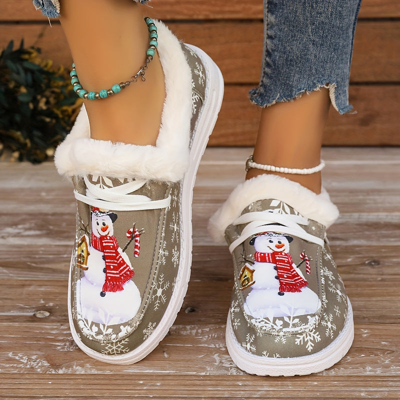 Vibrant Snowman Pattern Canvas Shoes - Lightweight, Low-Top, Plush Lined, Casual Lace-Up Sneakers for Women - Perfect for Outdoor Activities, Christmas Gift Idea, Comfortable and Breathable