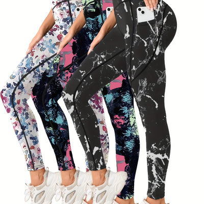 3pcs High-Waist Tummy Control Yoga Leggings with Pocket - Butt Lifting, Stretchy Sports Pants in Vibrant & Subdued Print for Women
