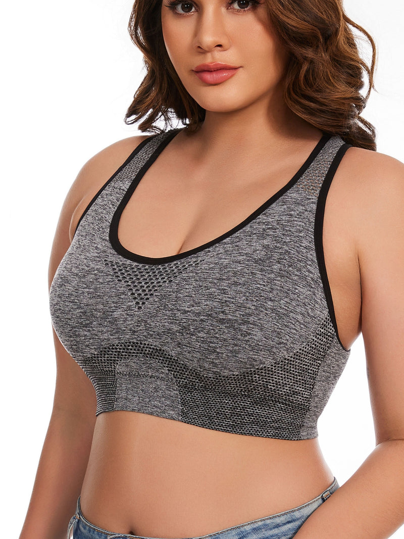 3pcs Plus Size Sports Bras, Polyamide Blend, Hollow Mesh Design, Low Support, Removable Padding, Crew Neck, Medium Stretch, Knit Fabric, with Casual Wear for Women&